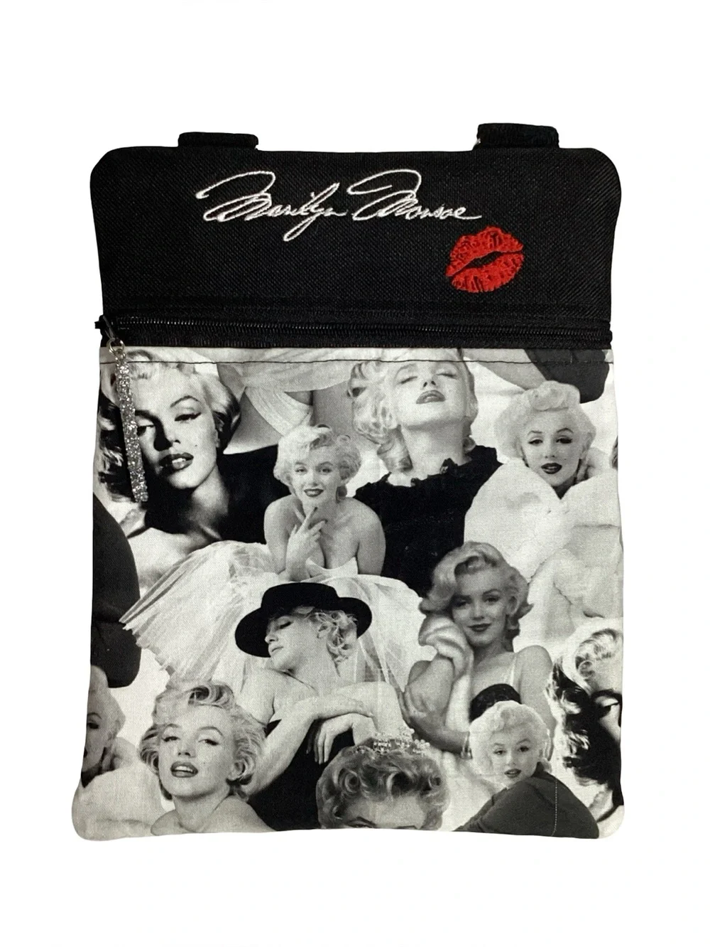 Marilyn Monroe Themed Graphic Printed Crossbody Bag Embroidered Lips & Name